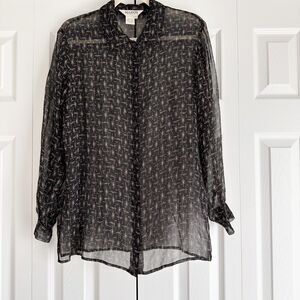 Allison Taylor 100% Silk Sheer Button Front Blouse Black Tan Print Size S